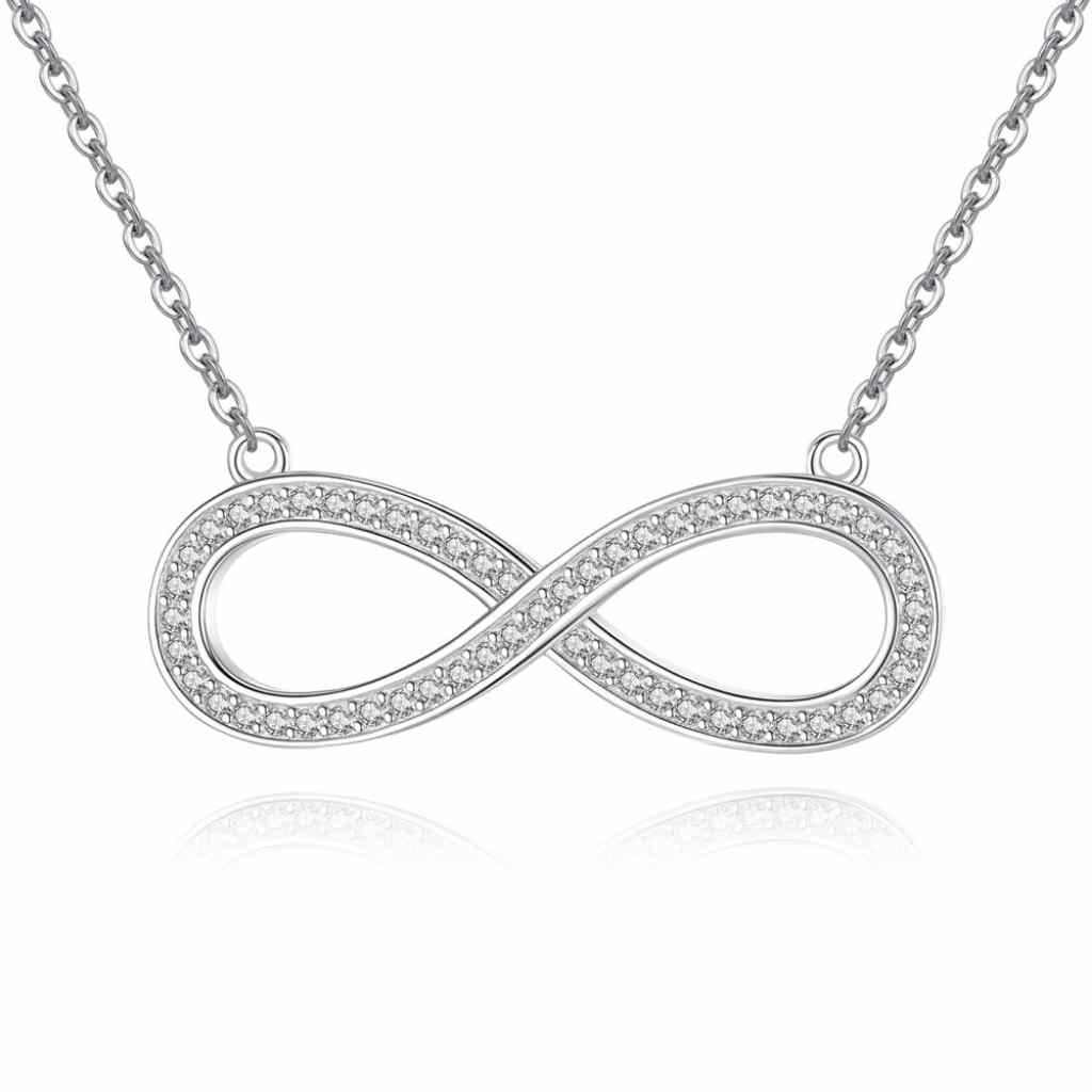 Infinity necklace encrusted with CZ sparkling stones made in sterling silver .