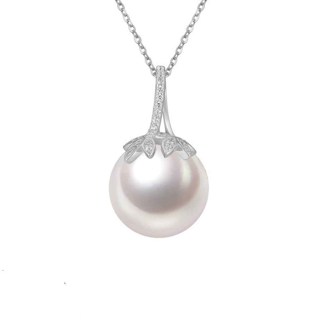 Sterling Silver Pearl Necklace Top of the Pearl is encrusted with leaf shaper CZ Stones