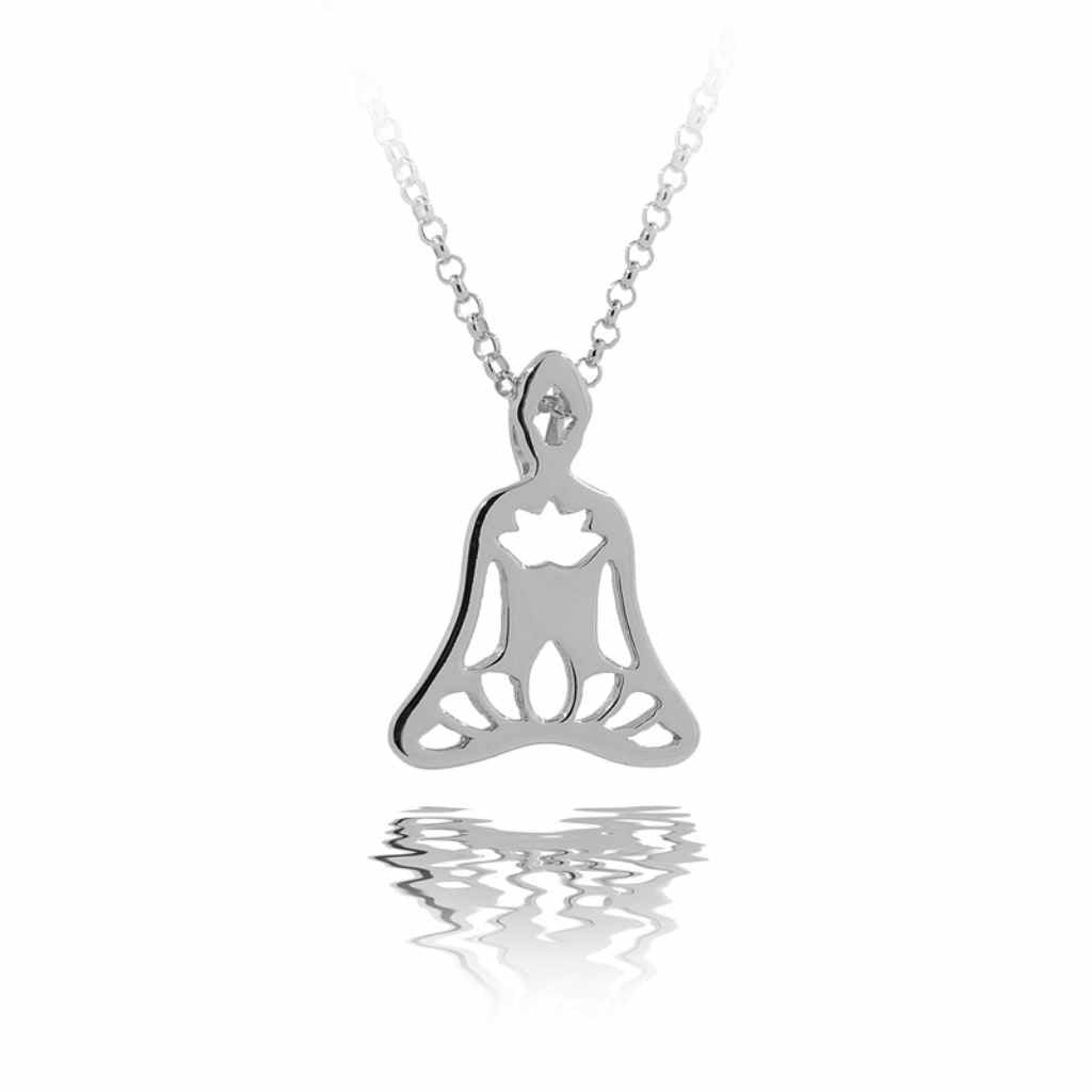 Sterling Silver Necklace in the shape of a budha cross-legged.