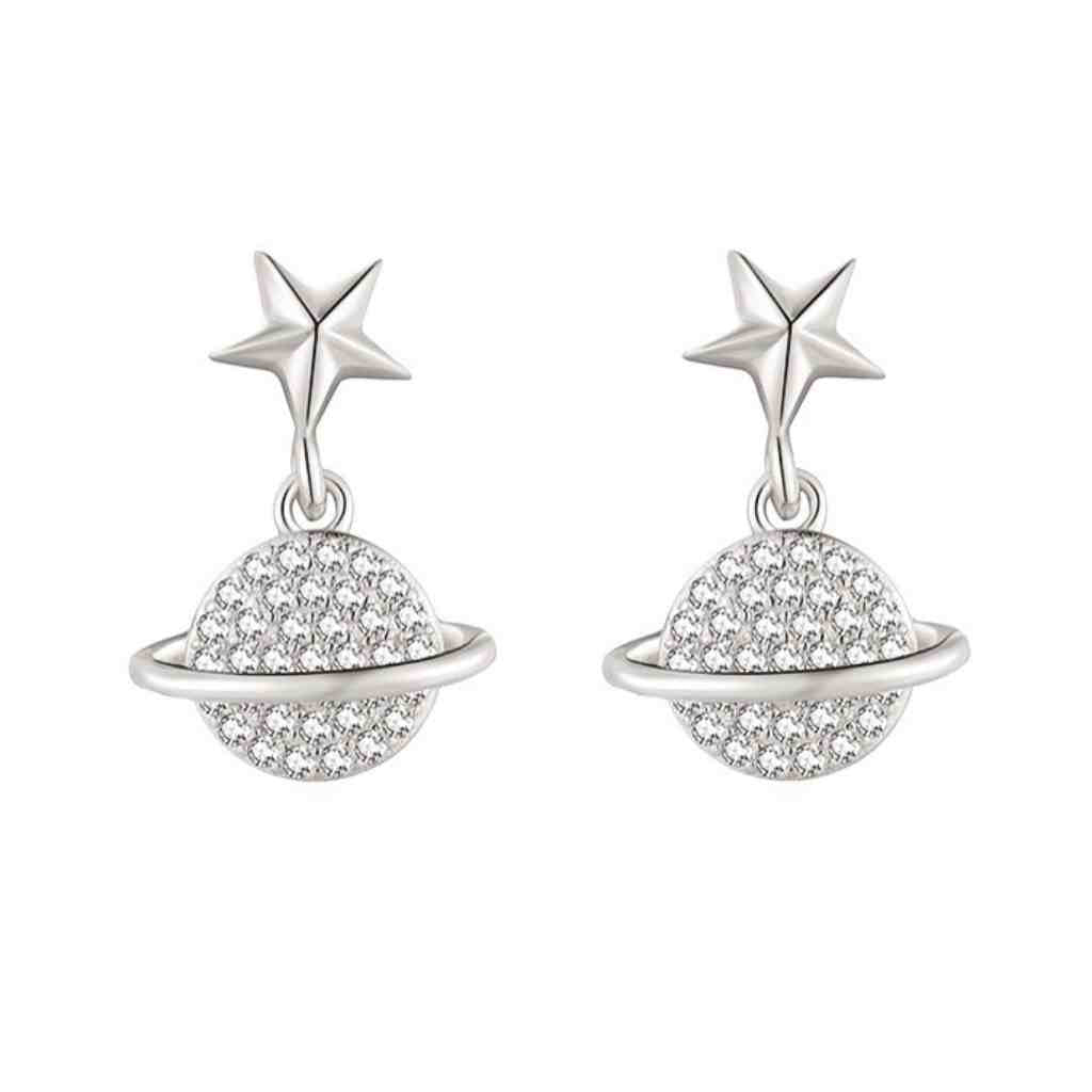 Star stud earring with a sparkling drop CZ orbit.  Quality stones and high polish finish.