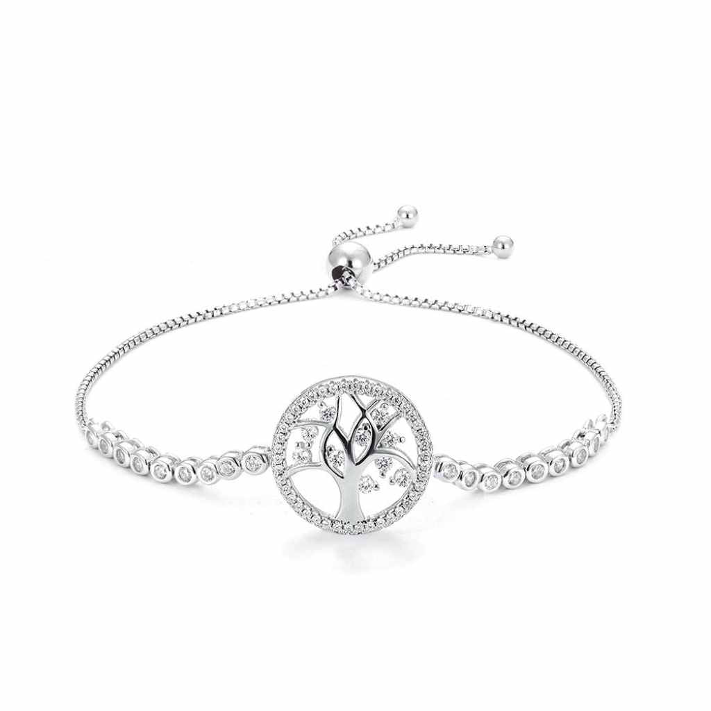 Circle with tree of life inside encrusted with CZ stones in an adjustable bracelet.