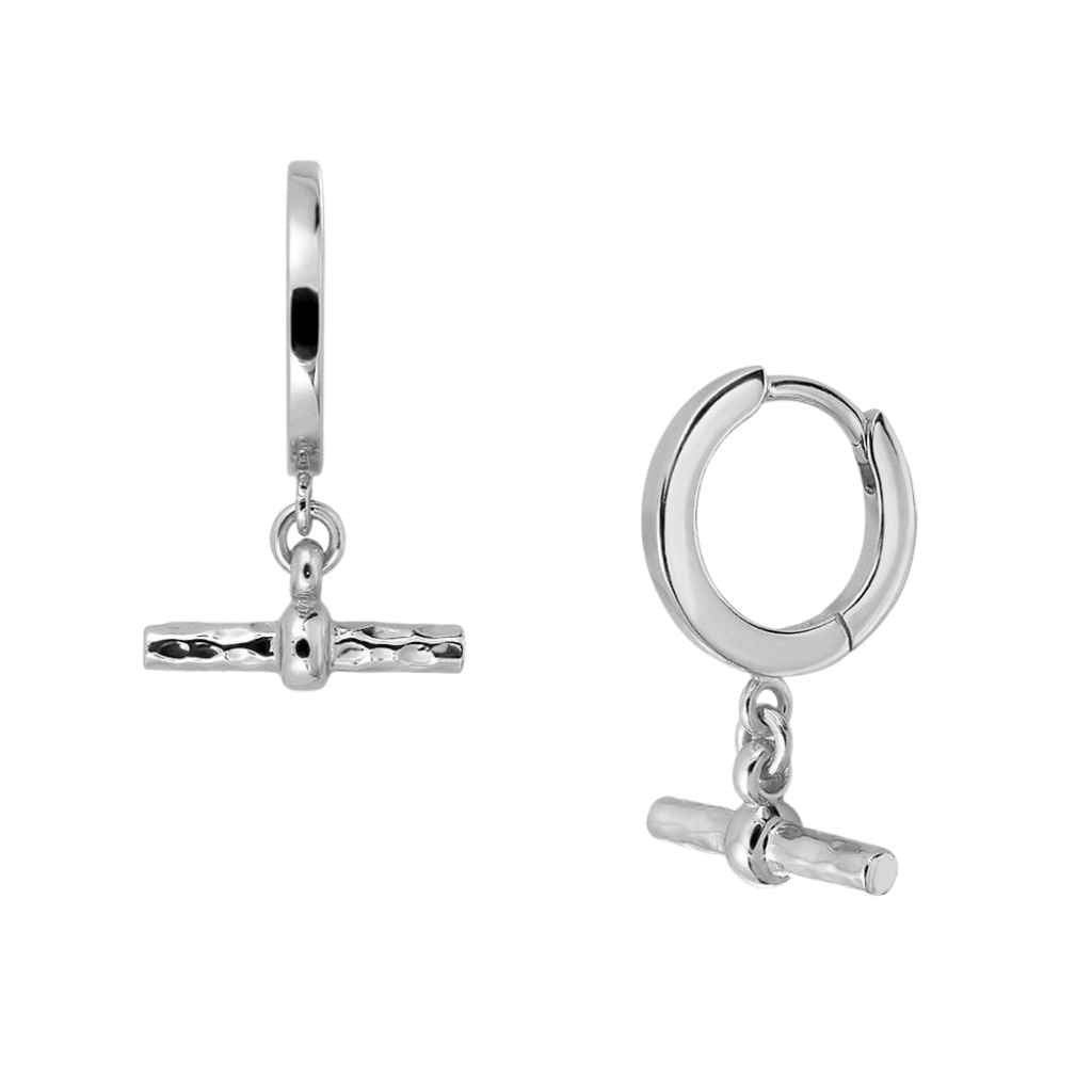 Sterling silver huggie earrings featuring a t-bar drop. A high polished finish for that shiny look.