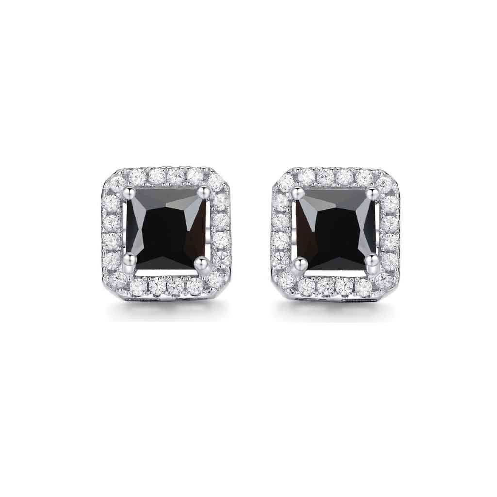 Black CZ square stones surrounded by tiny white stones. 