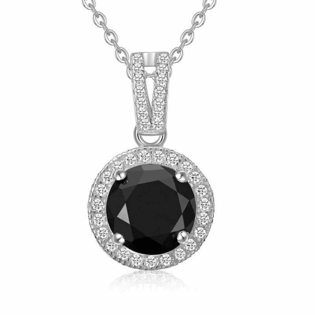 Necklace featuring Black cubic zirconia centre stone surrounded by tiny stones.