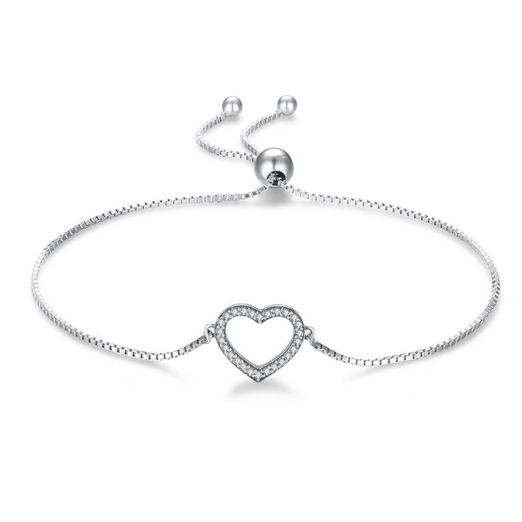 Love heart bracelet encrusted with Cubic Zirconia (CZ) stones with an adjustable slider clasp for easy fastening