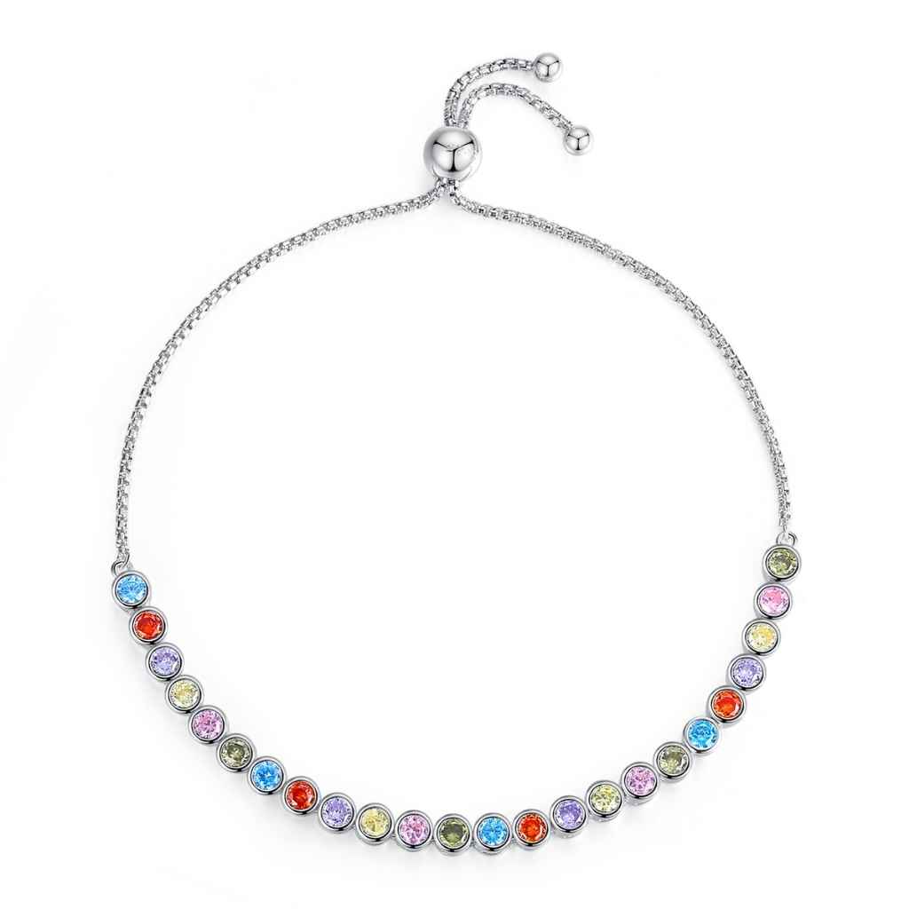 CZ mixed coloured round stones in an adjustable tennis bracelet.