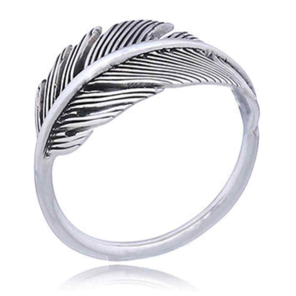Sterling Silver Feather Ring with intricate detail on the feather.