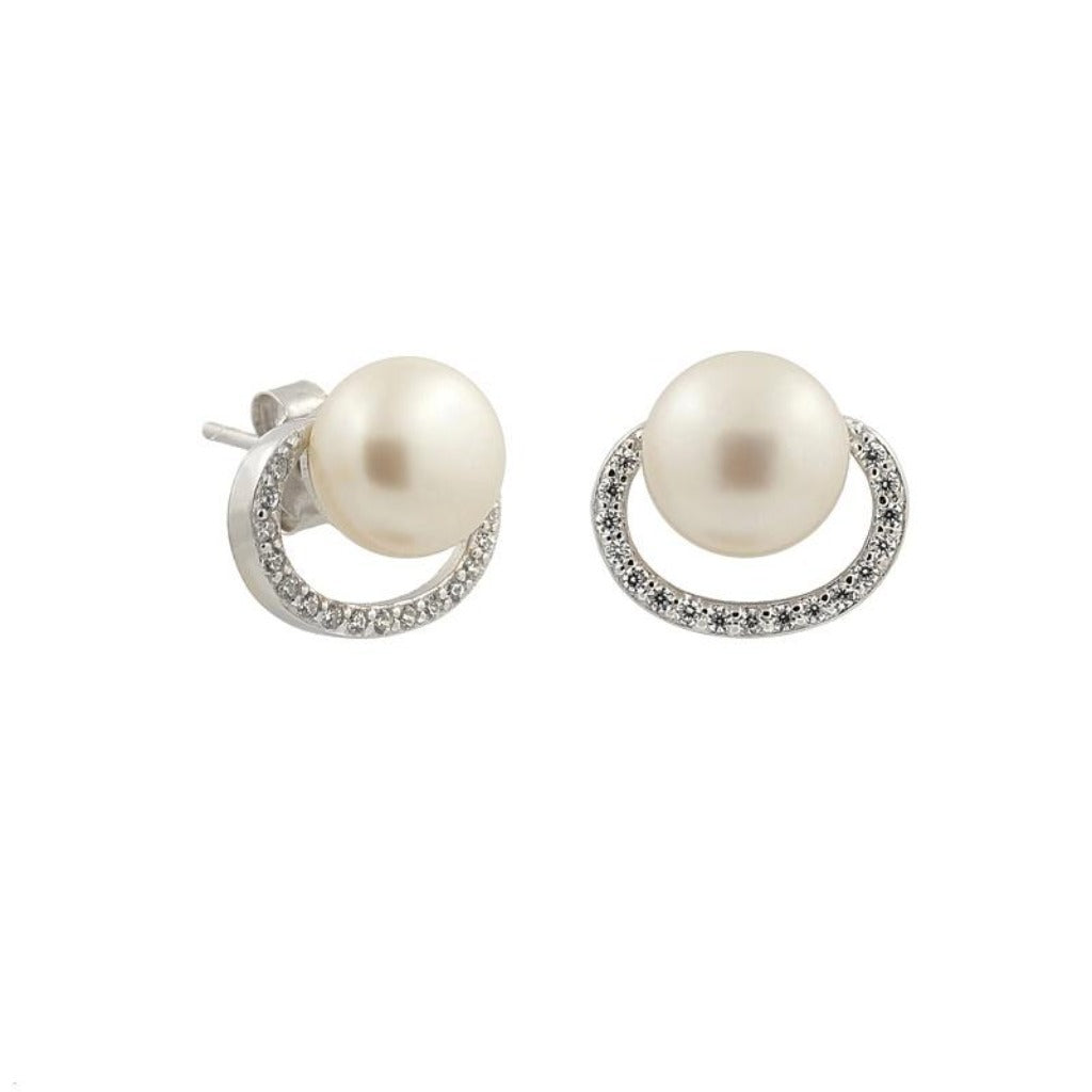 Sterling Silver Pearl Open Circle CZ Stud