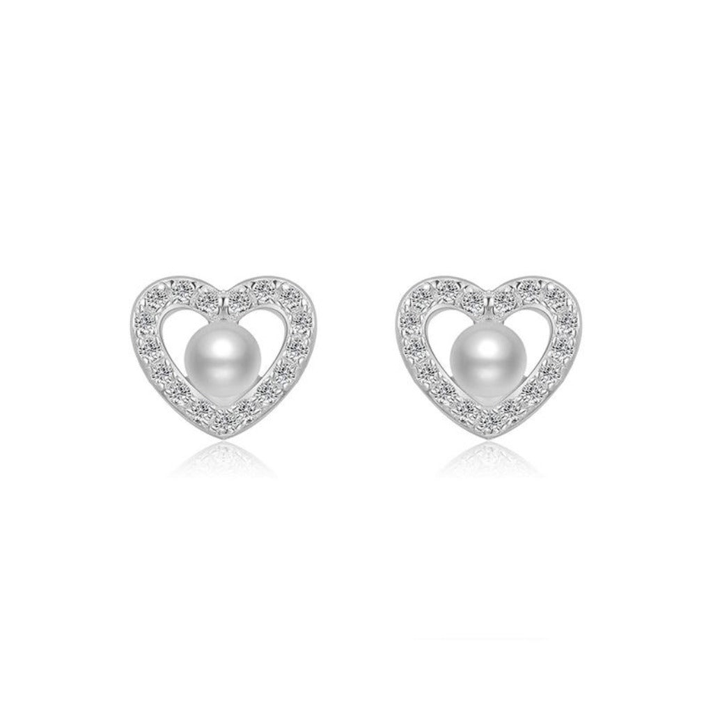 Sterling Silver Pearl CZ Heart Stud