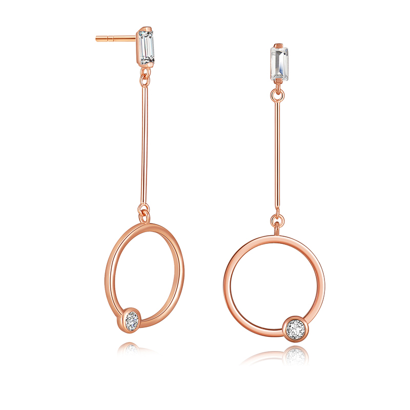 A diamond stud with a drop bar and circle charm make these rose-gold earrings a stylish design.