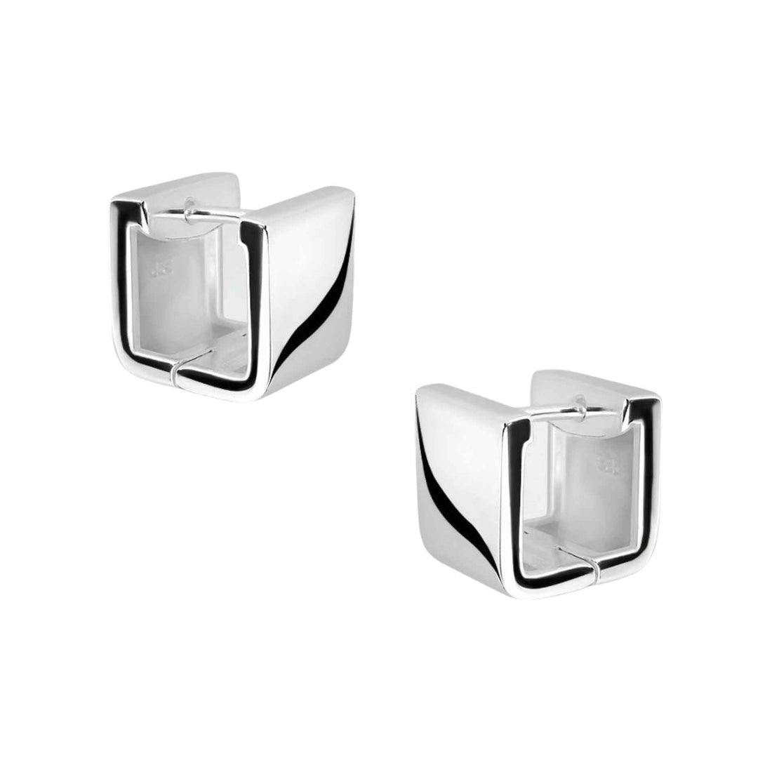 Solid sterling silver square huggie hoop earrings with high polish finish.