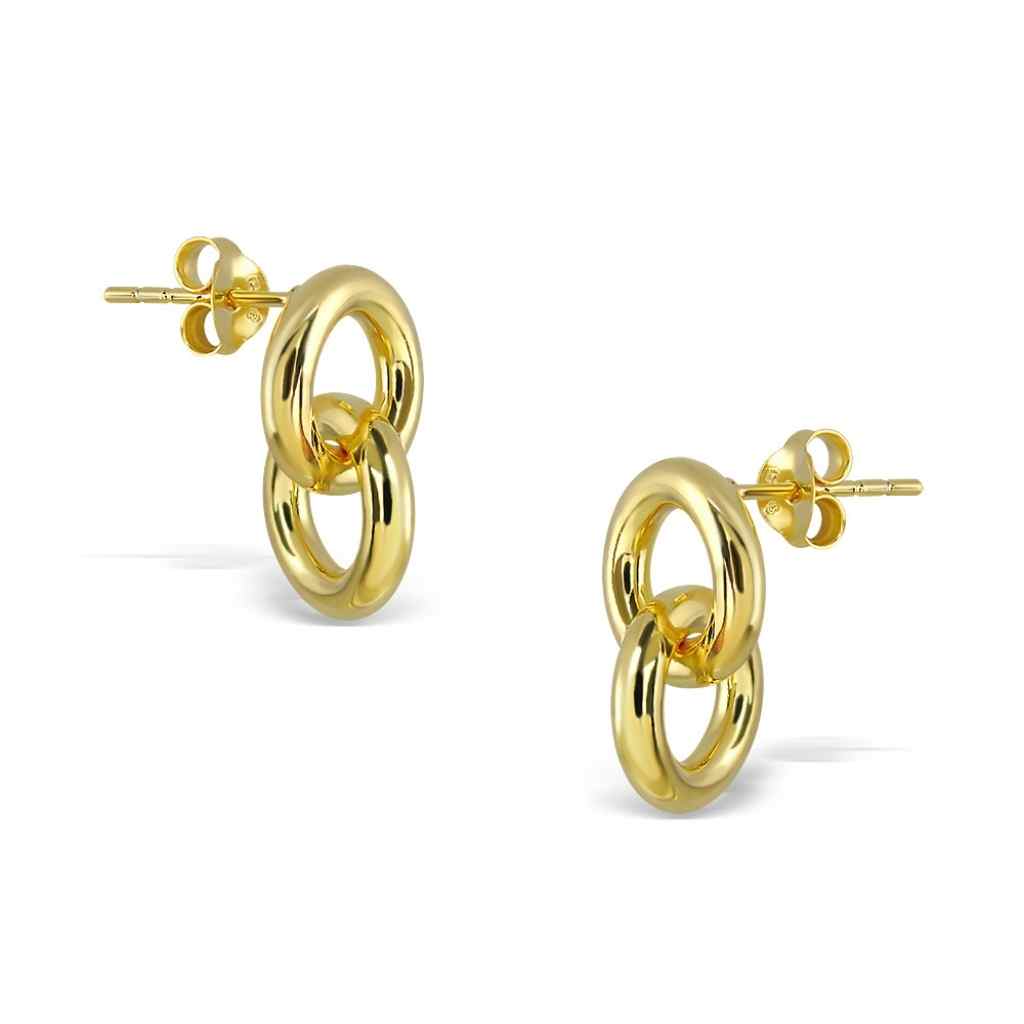 Shiny golddouble link stud earrings with a high polish finish.