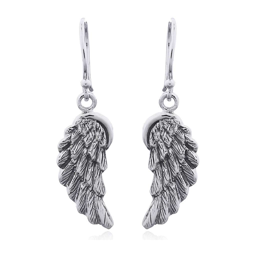 A pair of drop Sterling Silver Angel Wing earring with lots of detail on the wings.