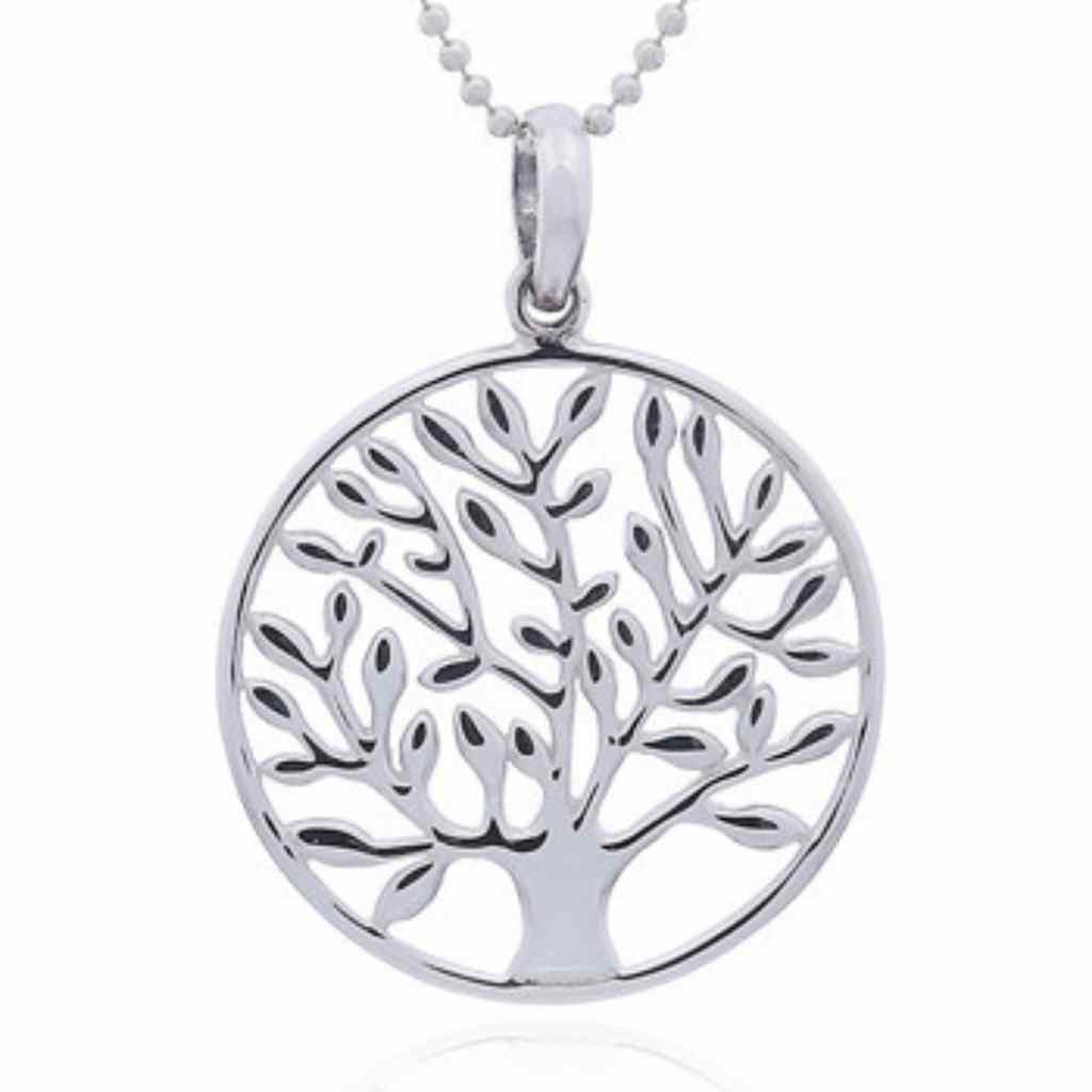 A circle pendant with a details tree of life inside in Silver.