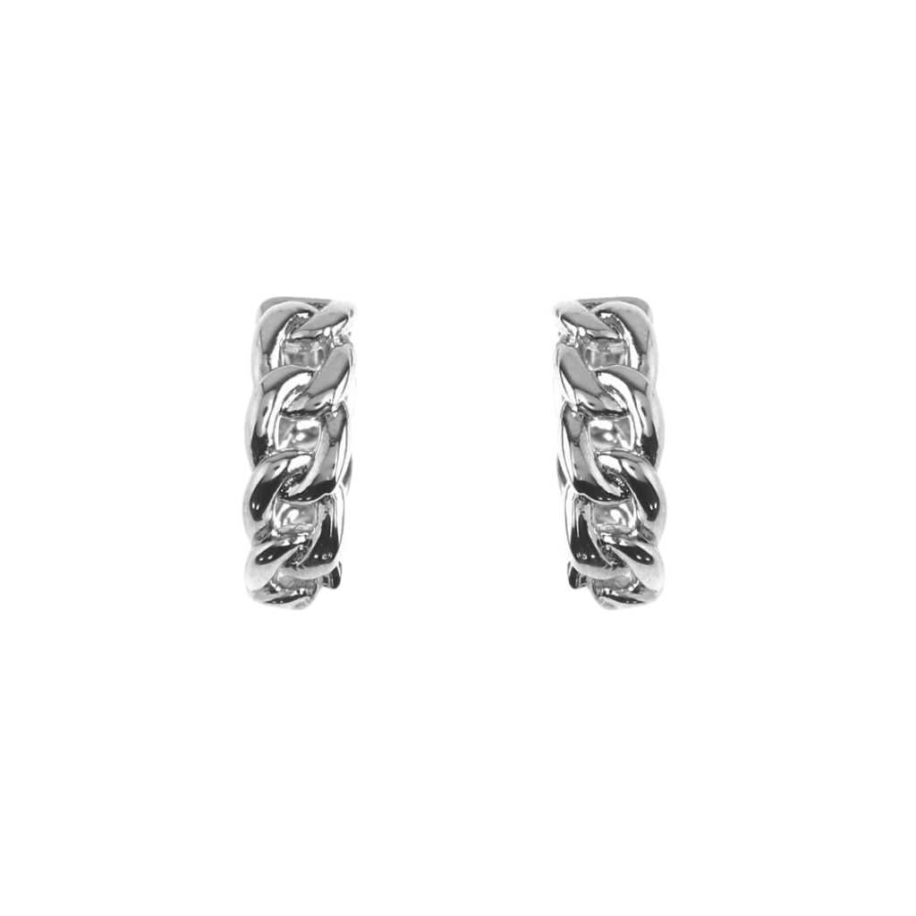 Small huggie hoop earrings crafted in sterling silver featuring elegant twist showing front view only
