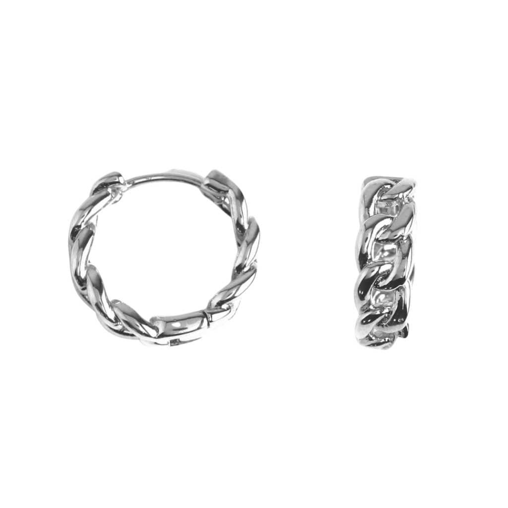 Small huggie hoop earrings crafted in sterling silver featuring elegant twist showing front and side view